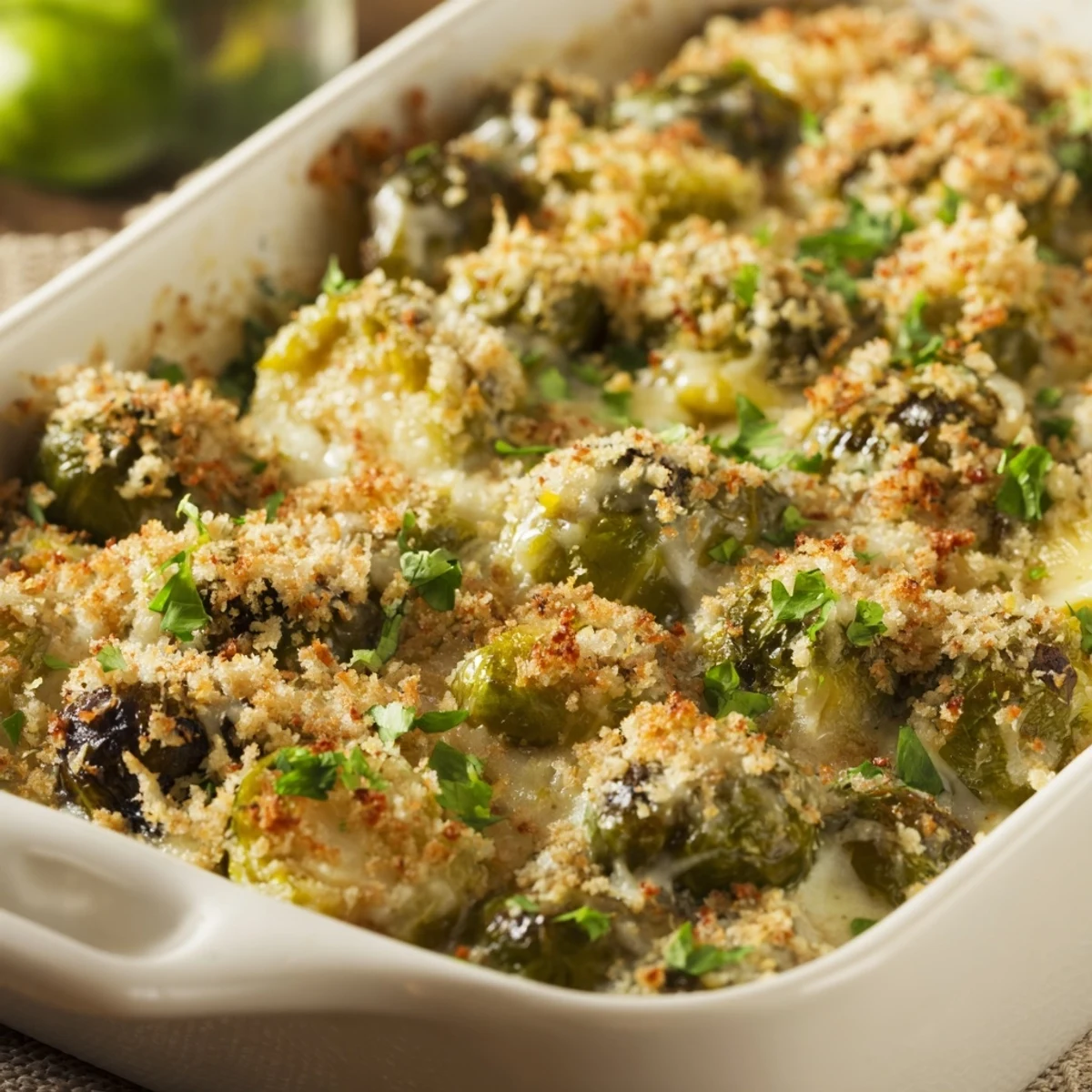 Golden brown creamy Parmesan Brussels sprouts casserole topped with crispy panko breadcrumbs and fresh parsley