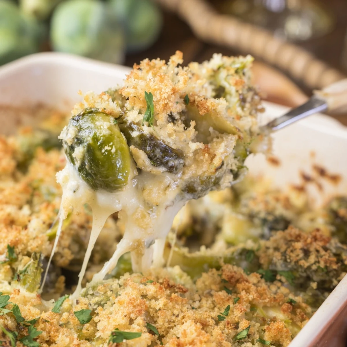 Bubbling hot Brussels sprouts casserole with melted mozzarella and Parmesan cheese in a rich cream sauce