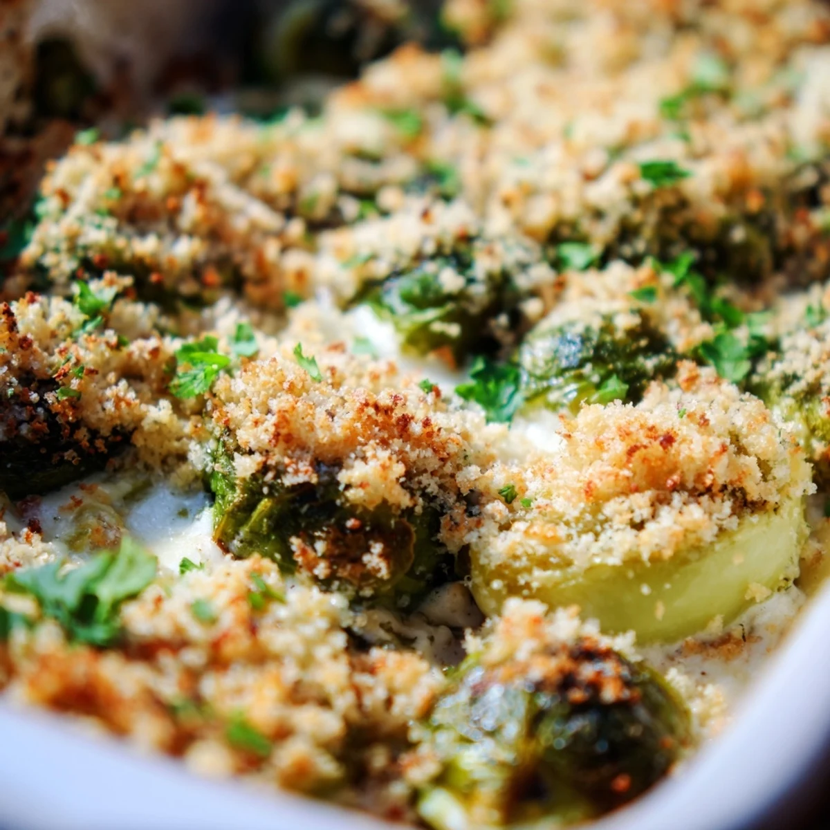 Comforting Brussels sprouts casserole baked until golden and garnished with chopped parsley for serving