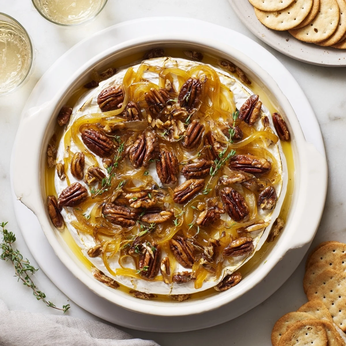 Golden wheel of baked brie topped with caramelized onions and toasted pecans