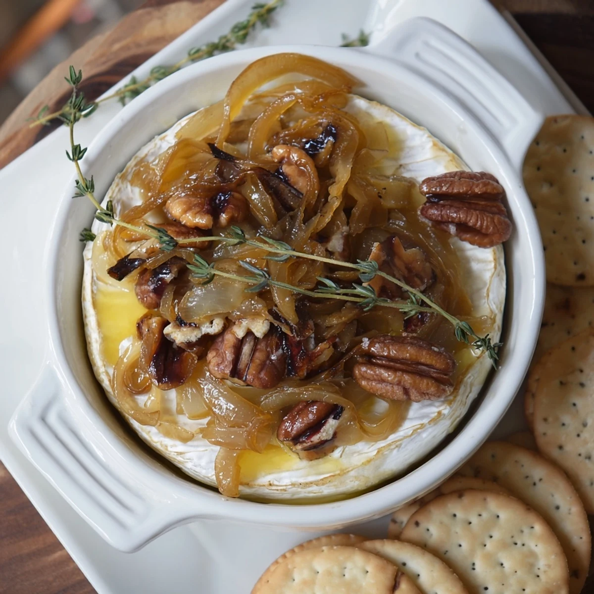 Appetizer plate featuring bubbling baked brie with crunchy pecans and golden brown onions