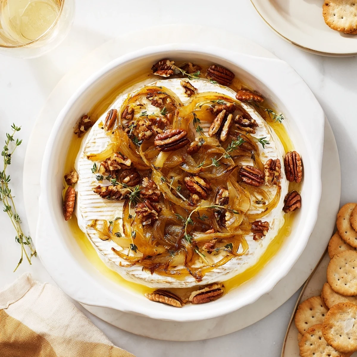 Warm creamy brie oozing onto a rustic wooden board with sweet onions