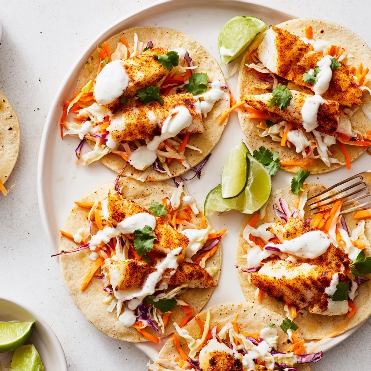 Golden baked cod fish tacos topped with colorful slaw and creamy lime crema drizzle