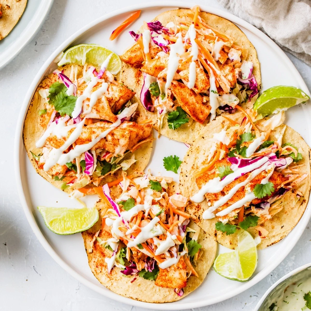 Homemade baked cod fish tacos piled high with crisp slaw, avocado slices, and zesty crema