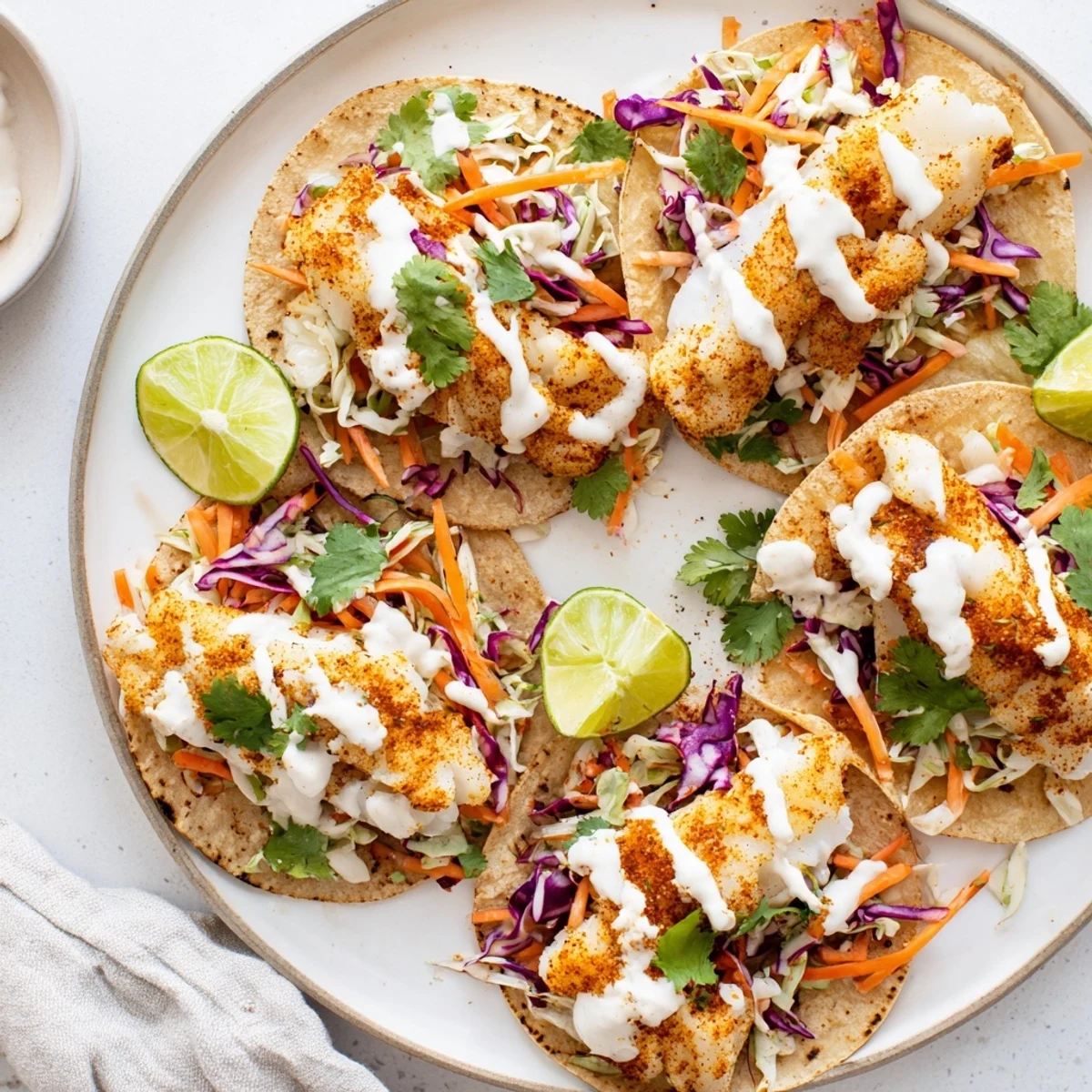 Flaky baked cod fish tacos nestled in warm tortillas with fresh cabbage and tangy sauce