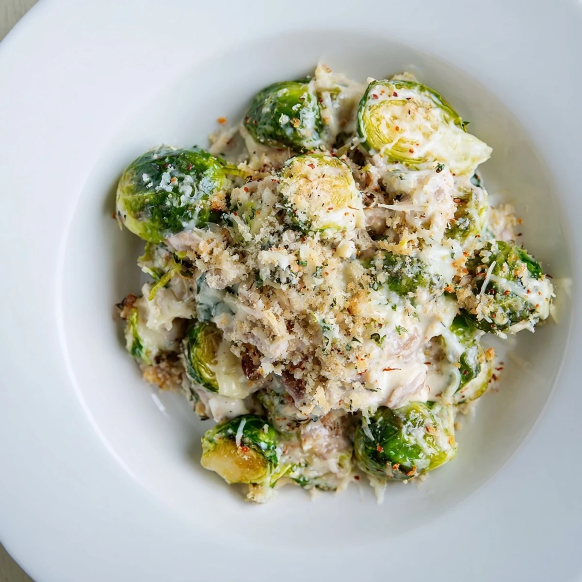 Creamy Parmesan Brussels Sprouts Casserole bubbling with golden breadcrumb topping, savory aroma.