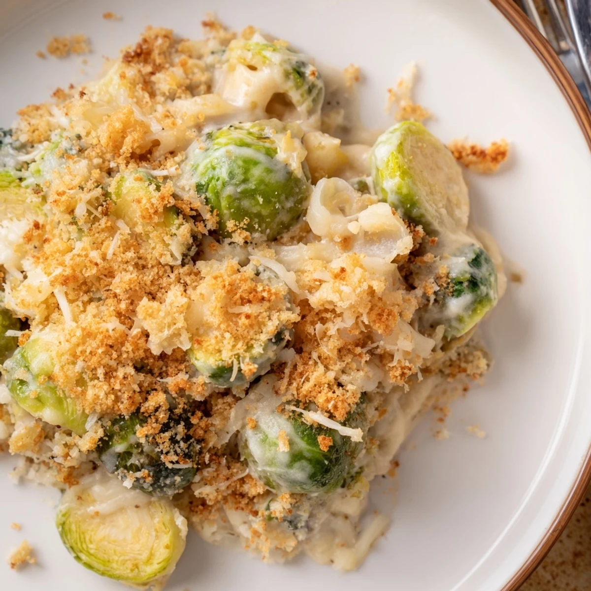Creamy Parmesan Brussels Sprouts Casserole served warm beside roasted turkey or crisp salad.