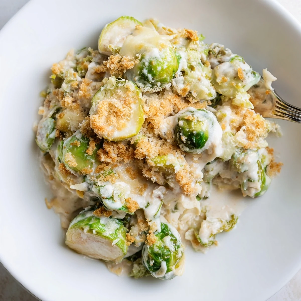 Baked Creamy Parmesan Brussels Sprouts Casserole, tender sprouts in rich cheesy sauce.