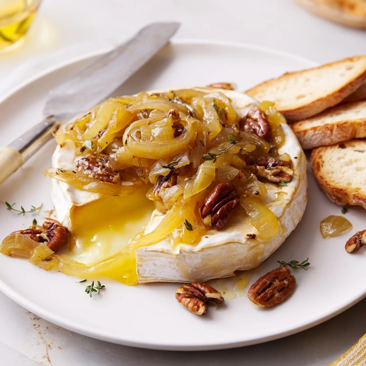 Close-up of creamy Baked Brie With Caramelized Onions And Pecans, pecan crunch