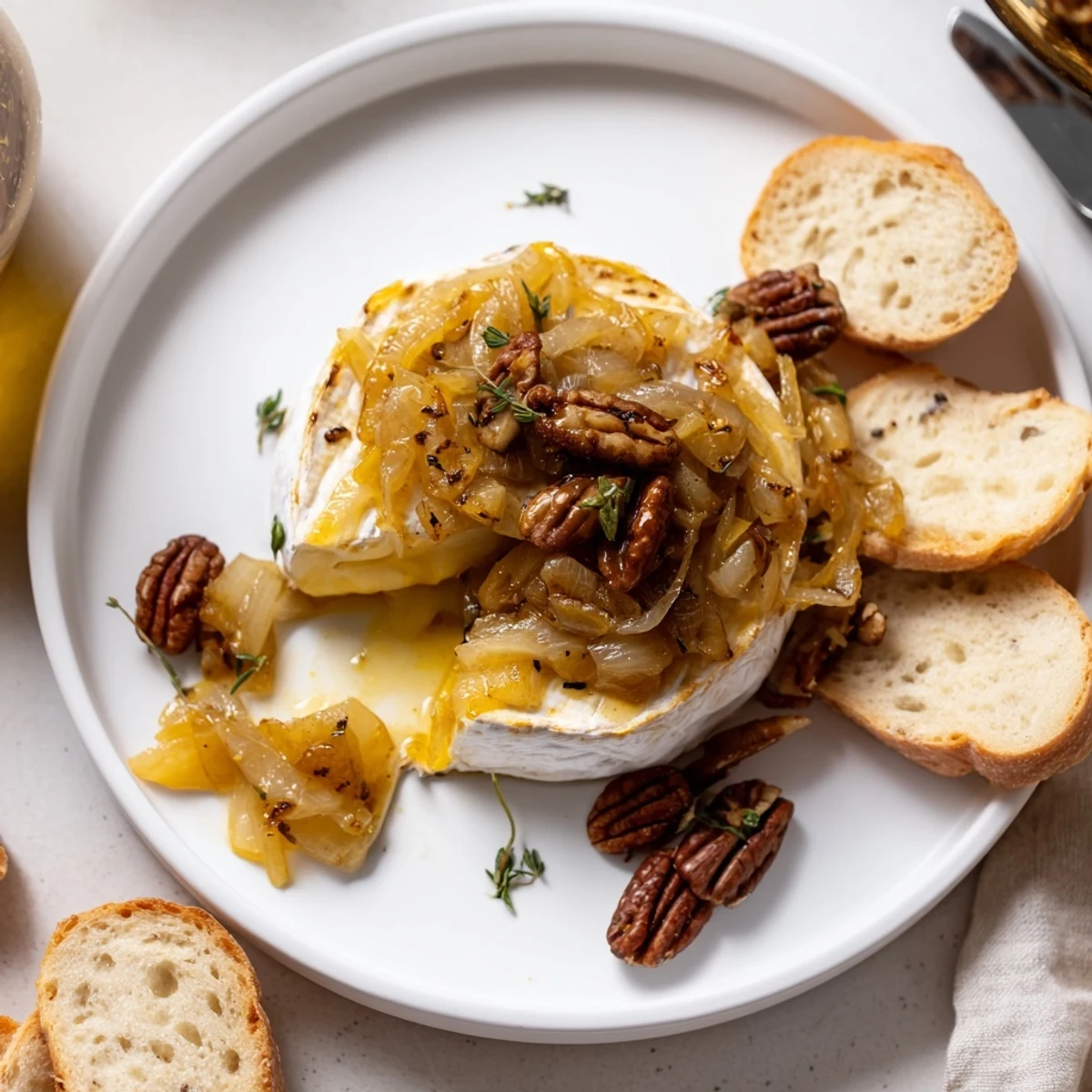 Warm Baked Brie With Caramelized Onions And Pecans, honey drizzle and fresh thyme
