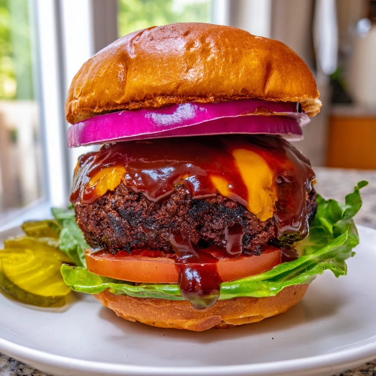 Golden bunned coffee rub burgers drizzled with rich smoky BBQ sauce and toppings
