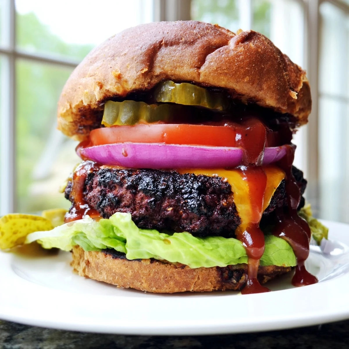 Juicy coffee rub burgers with smoky BBQ sauce fresh off the grill