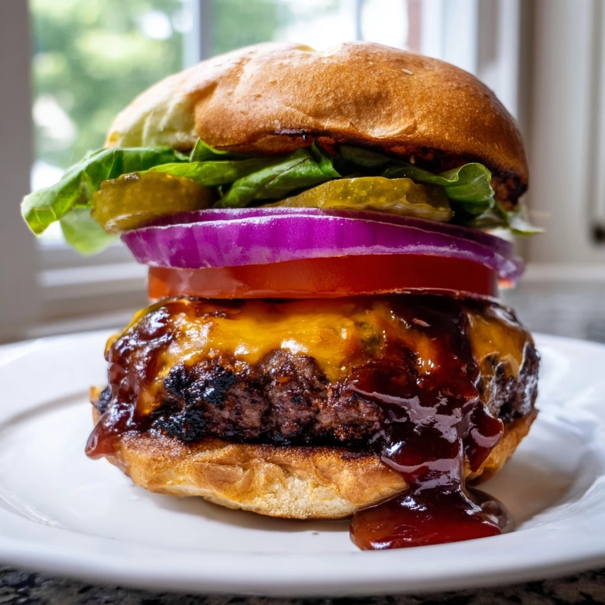 Grilled coffee rub burgers topped with melted cheddar and tangy smoky BBQ sauce