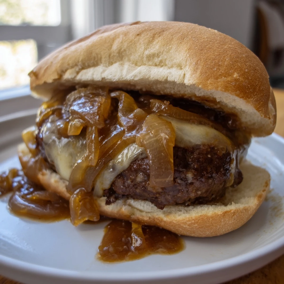 Smothered hamburger steak sandwiches dripping with rich, savory onion gravy on toasted buns