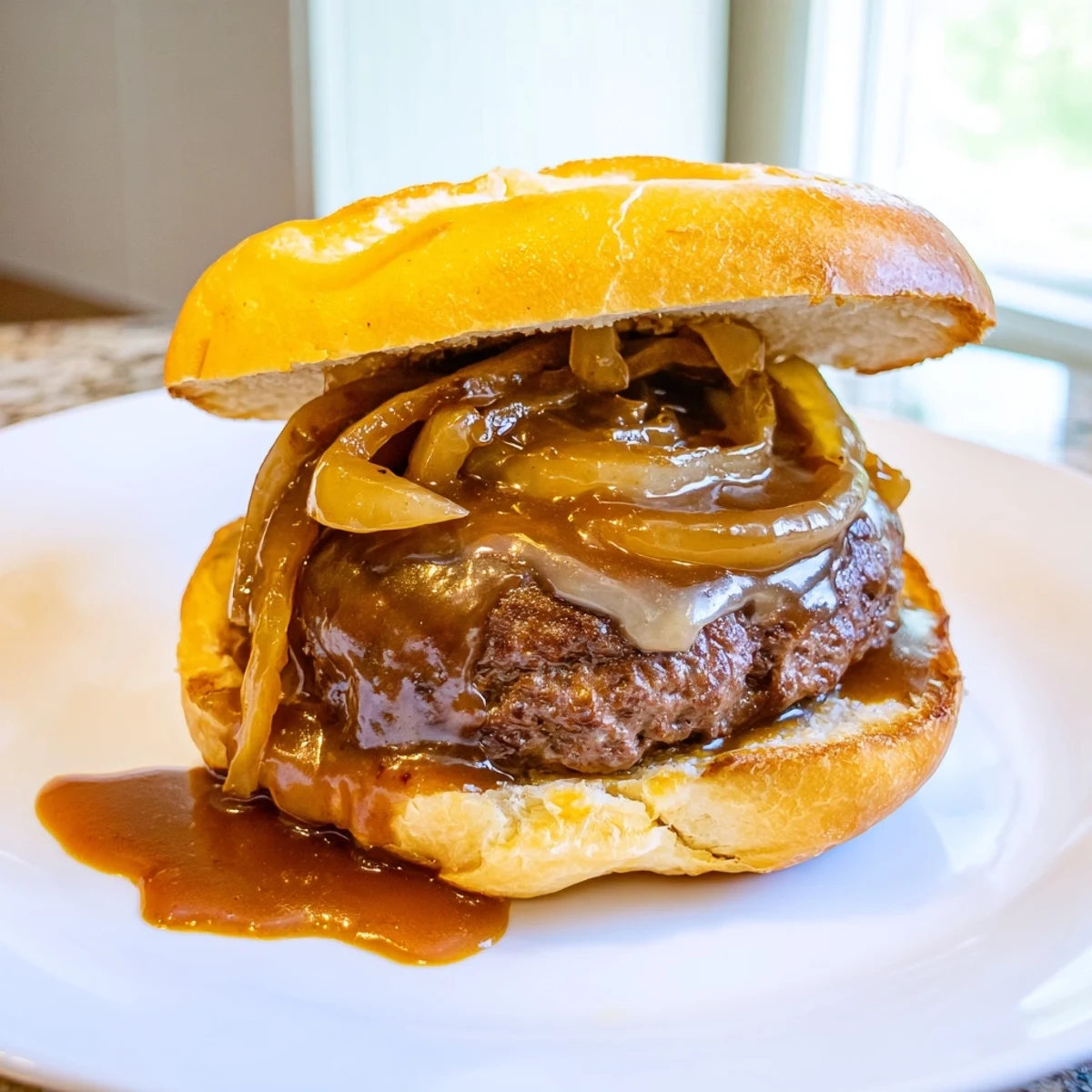 Golden caramelized onion gravy pools beneath a tender hamburger steak sandwich on a crusty roll