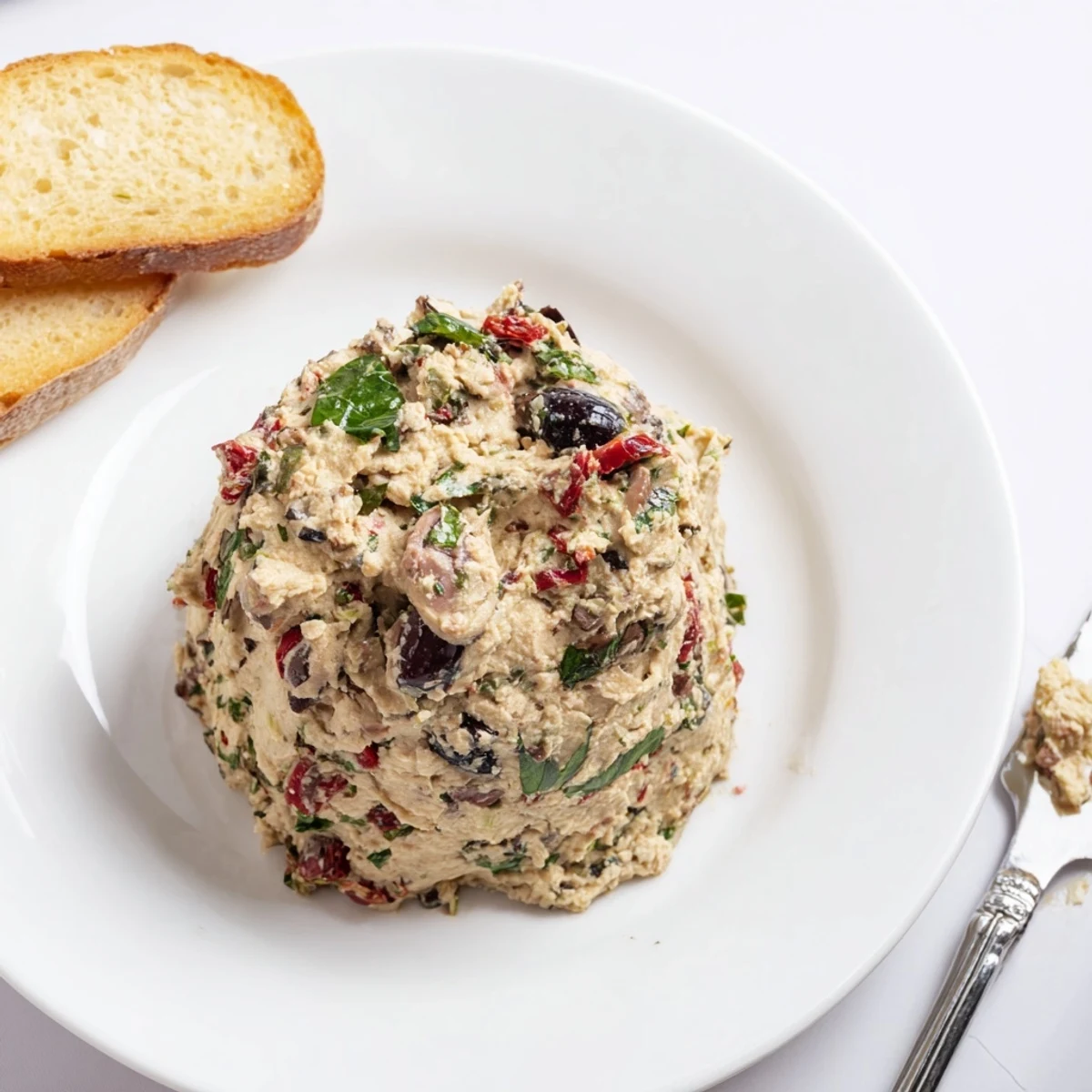 A rustic bowl of Italian Style Olive and Cheese Spread with fresh basil