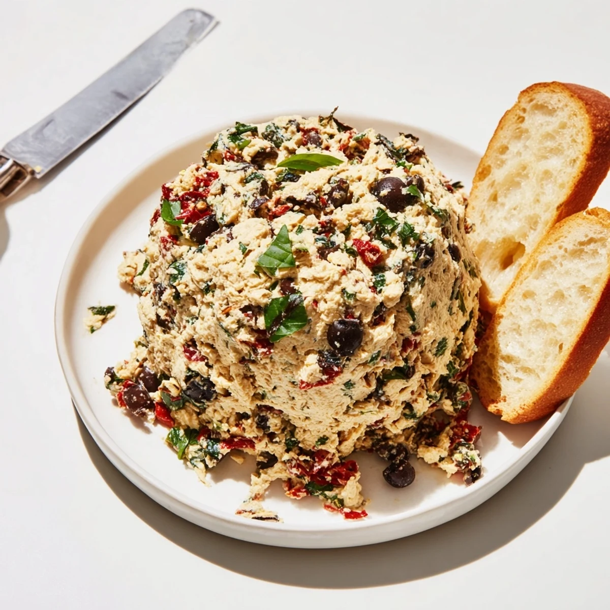 Creamy Italian Style Olive and Cheese Spread served on toasted crostini rounds
