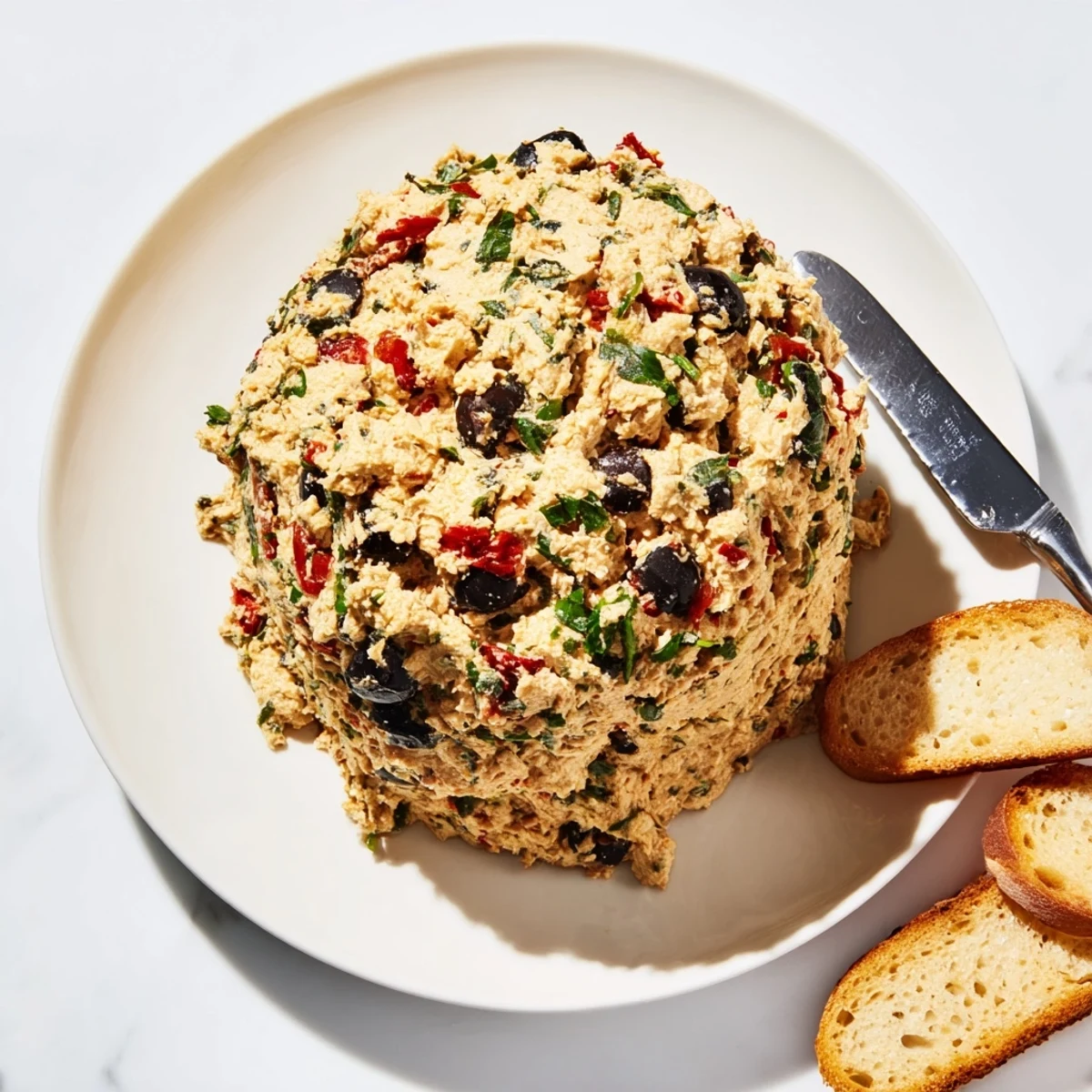 Italian Style Olive and Cheese Spread topped with herbs alongside crispy crackers