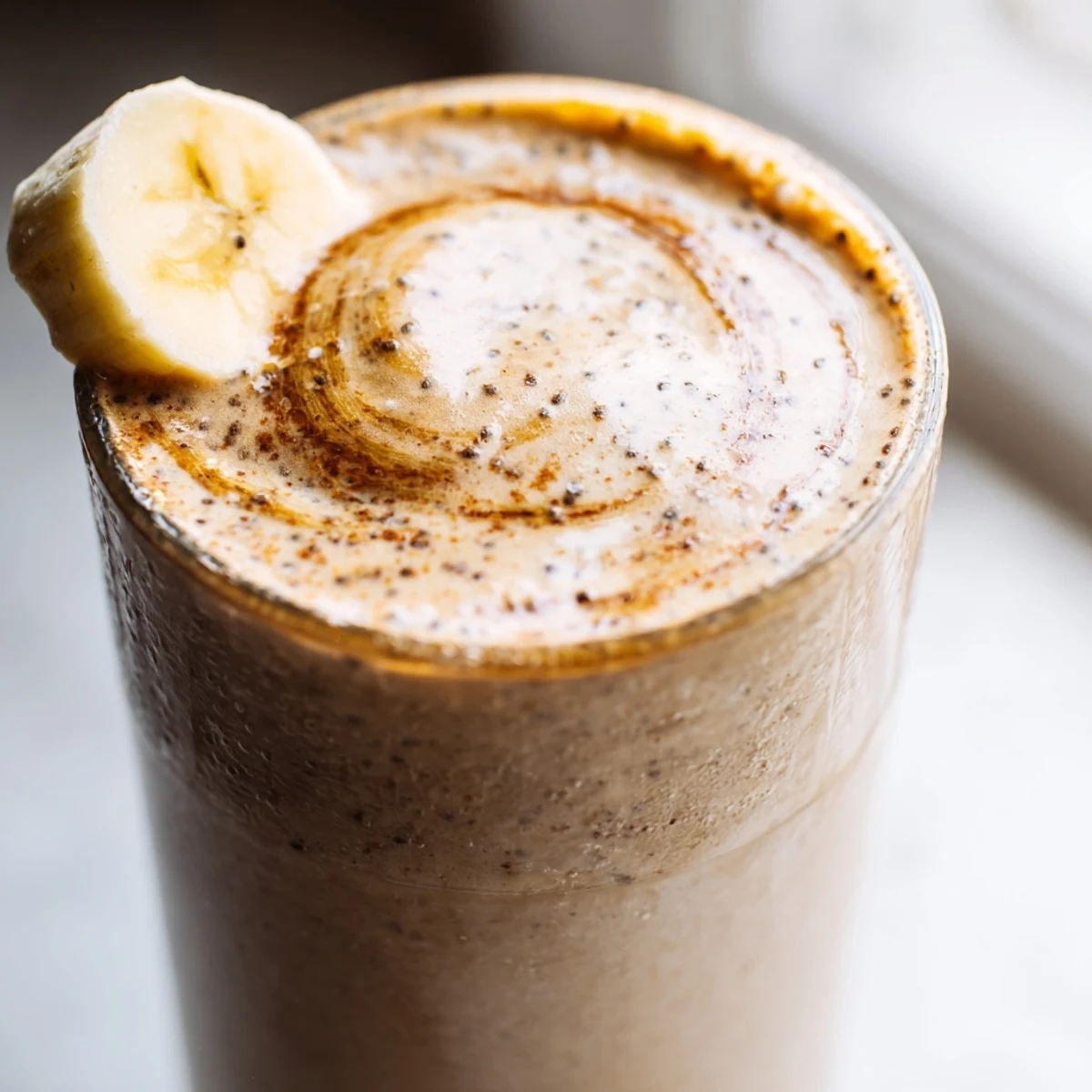 Creamy banana protein coffee smoothie poured into a tall glass with frothy top