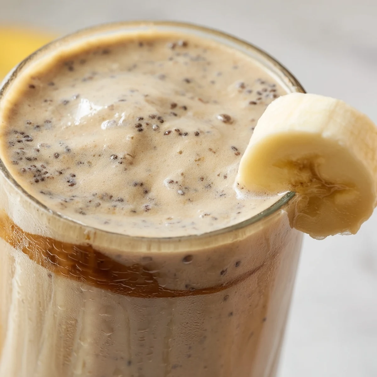 Chilled banana protein coffee smoothie blended smooth and served in a glass jar