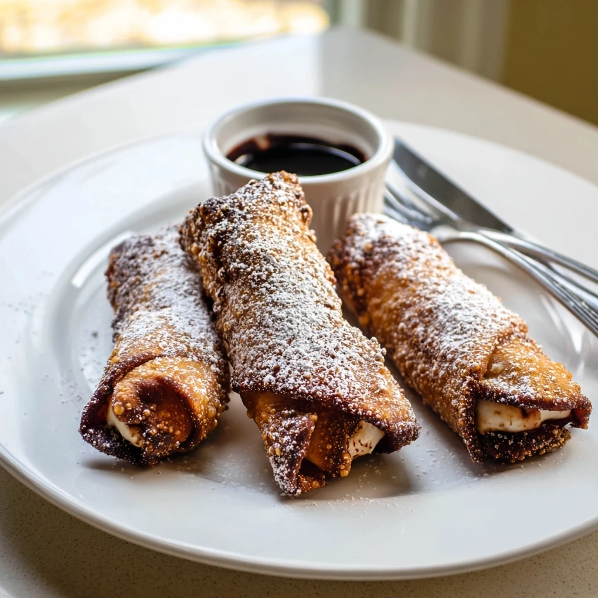 Crispy golden cheesecake egg rolls dusted with powdered sugar on a rustic plate