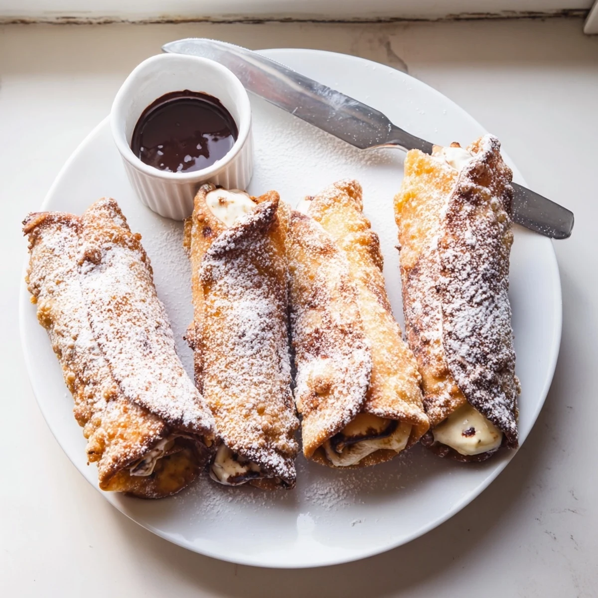 Warm cheesecake egg rolls with crisp wrappers oozing creamy filling beside fresh berries