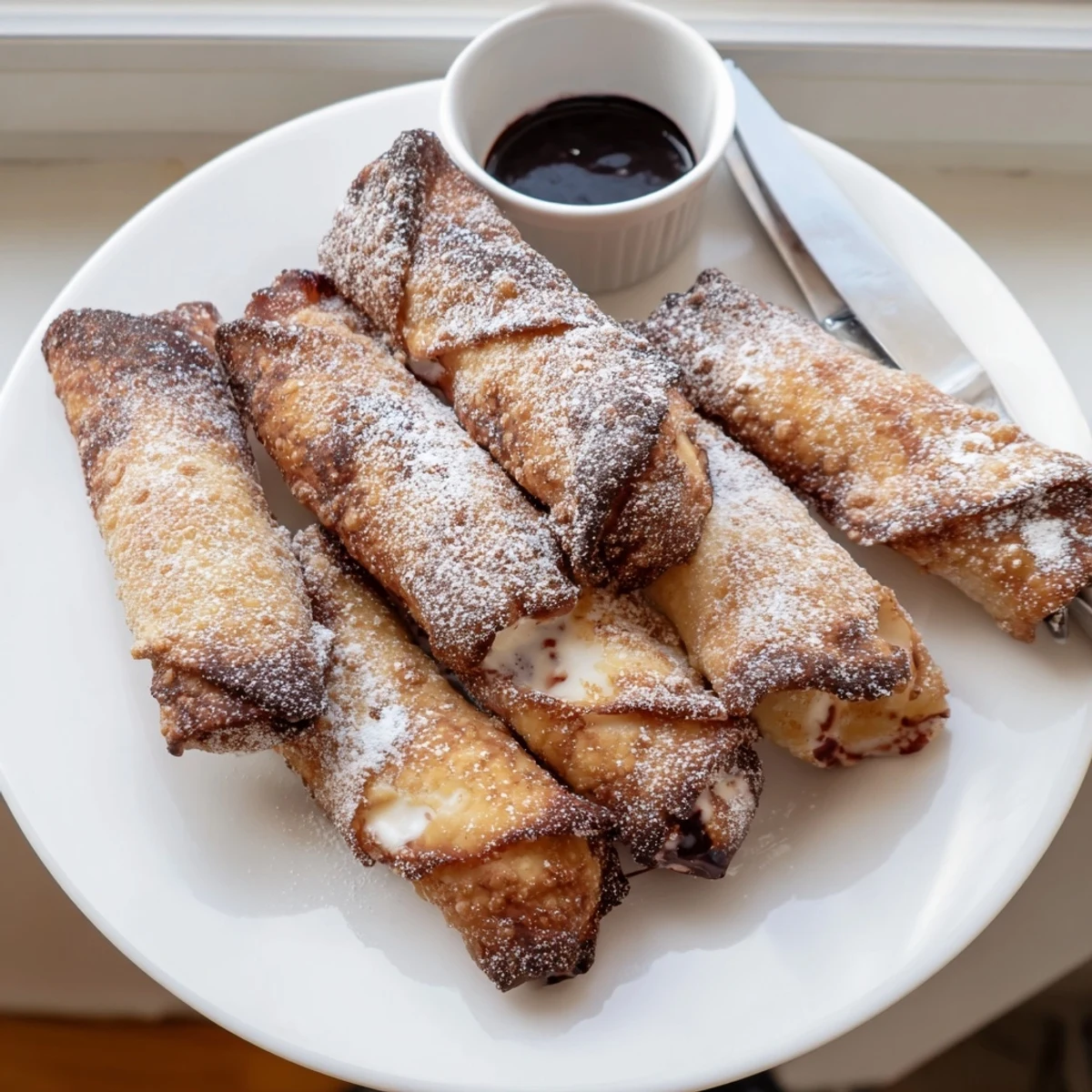 Cheesecake egg rolls arranged on a platter with rich chocolate dipping sauce