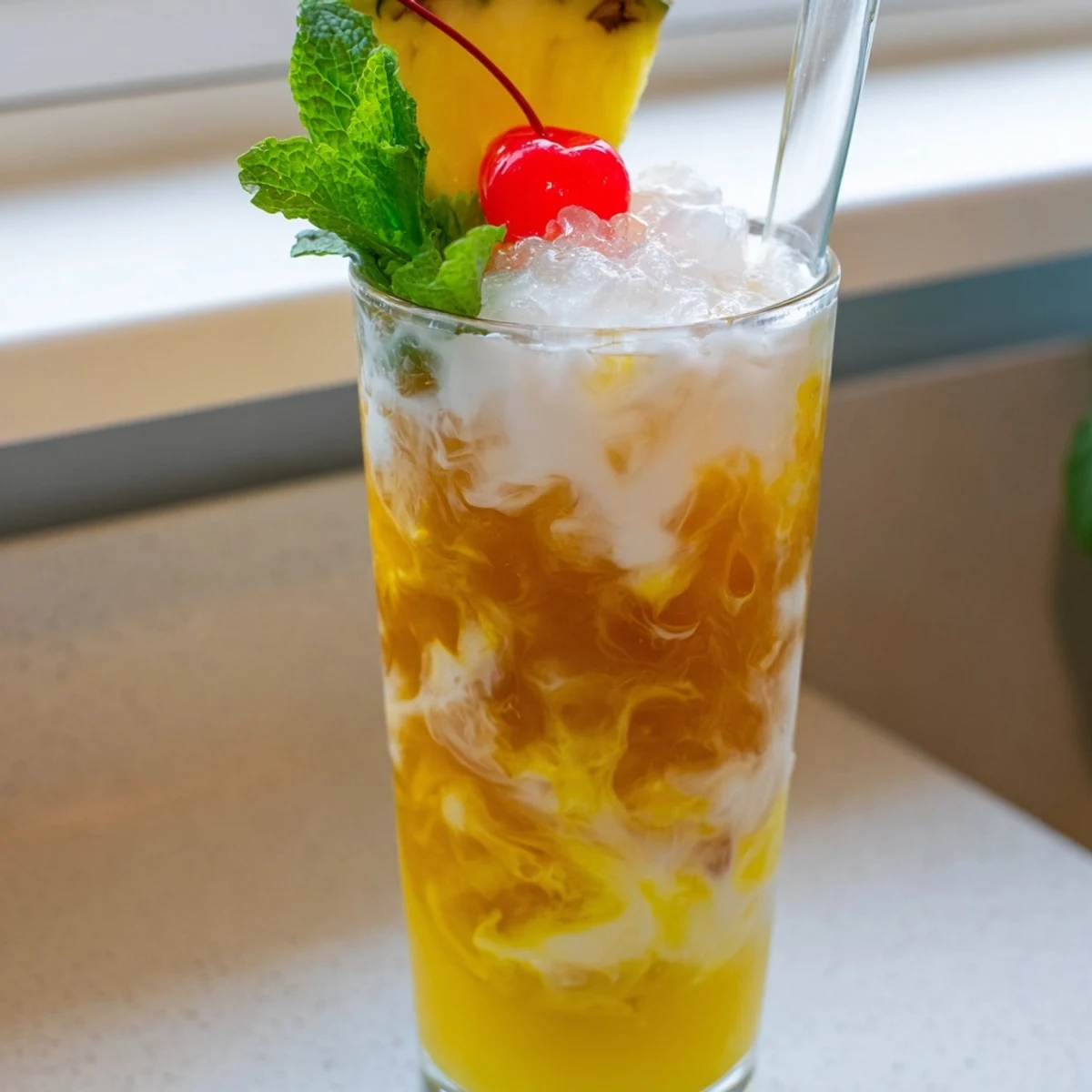 Frosty glasses of Tropical Thunder Dirty Soda topped with pineapple slices and maraschino cherries