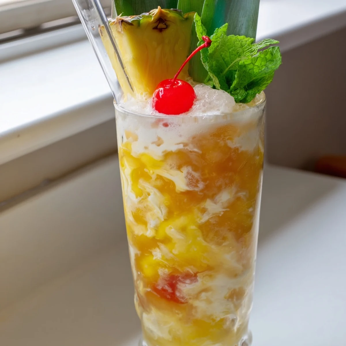 Tropical Thunder Dirty Soda in a tall glass with creamy coconut swirl and crushed ice