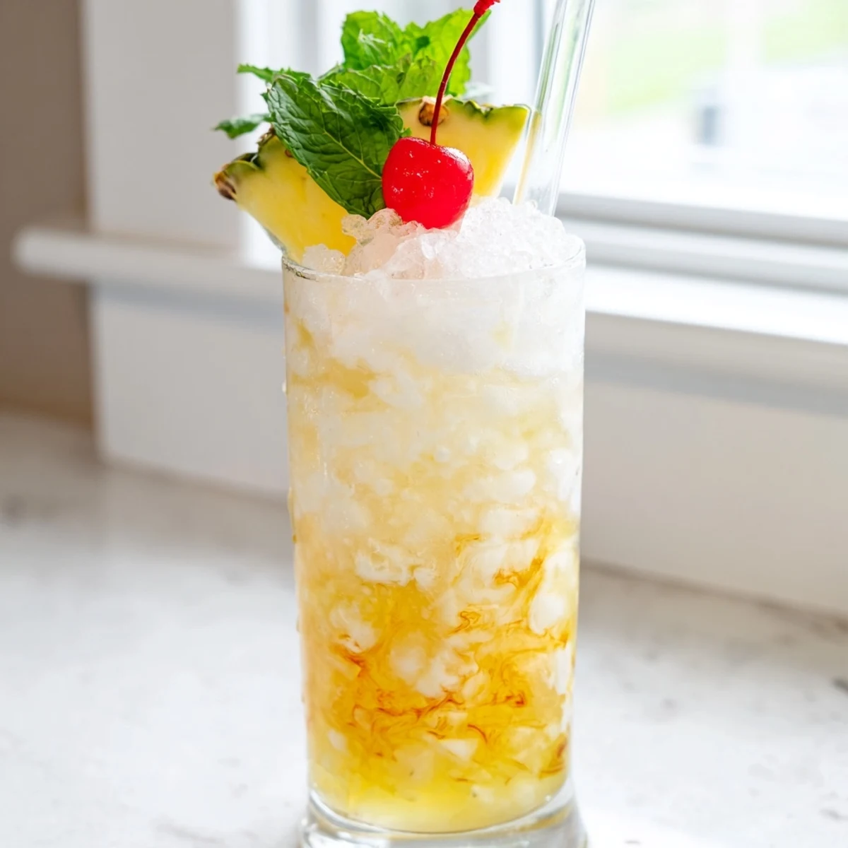 Creamy mango-lime Tropical Thunder Dirty Soda poured over ice and garnished with fresh mint