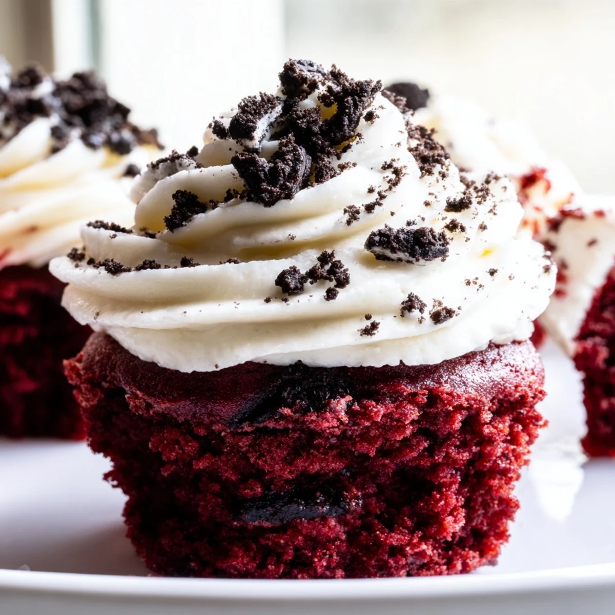 Rich red velvet Oreo cupcakes topped with creamy cookie-studded frosting on a rustic plate