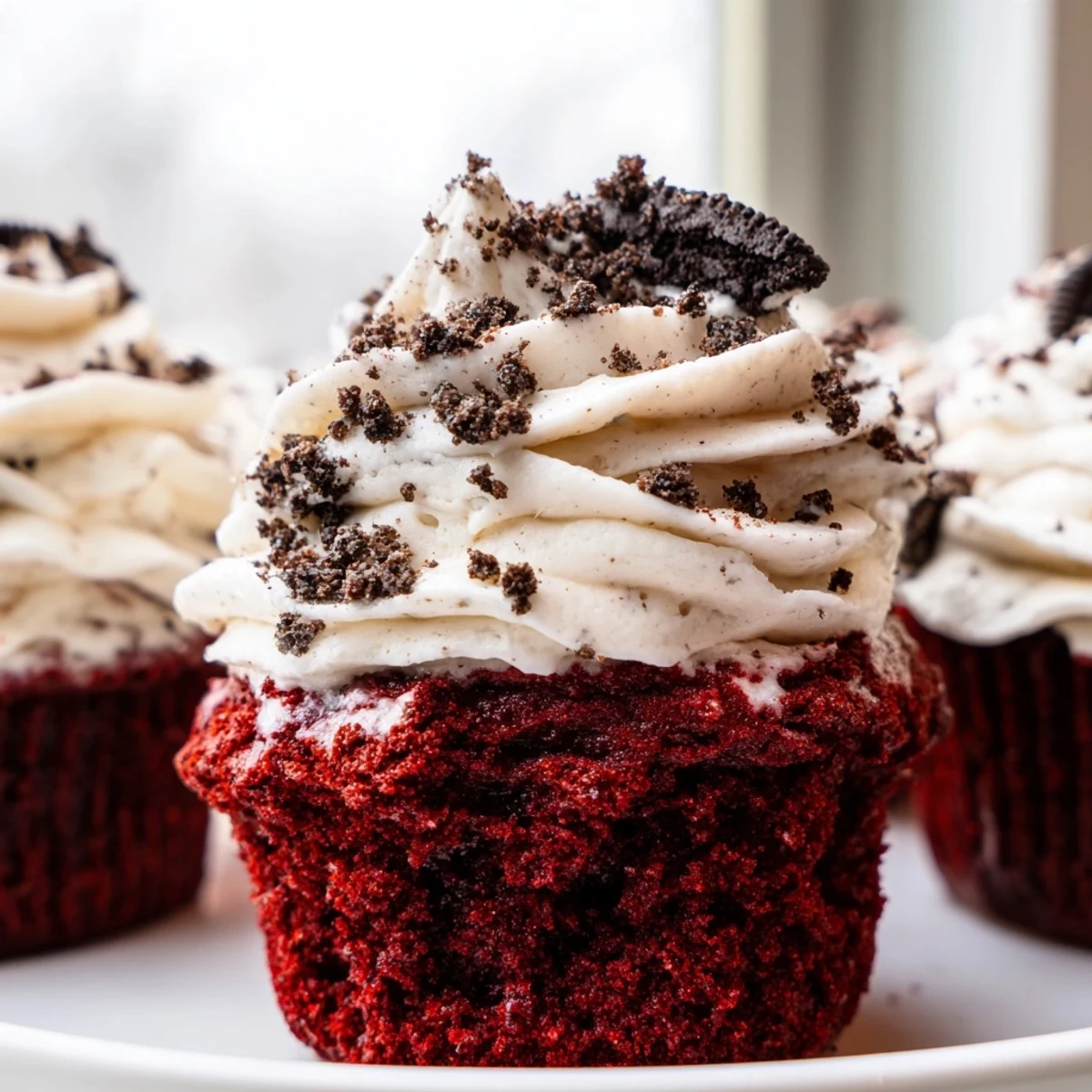 Moist red velvet Oreo cupcakes piled high with speckled frosting, garnished with crushed cookie pieces