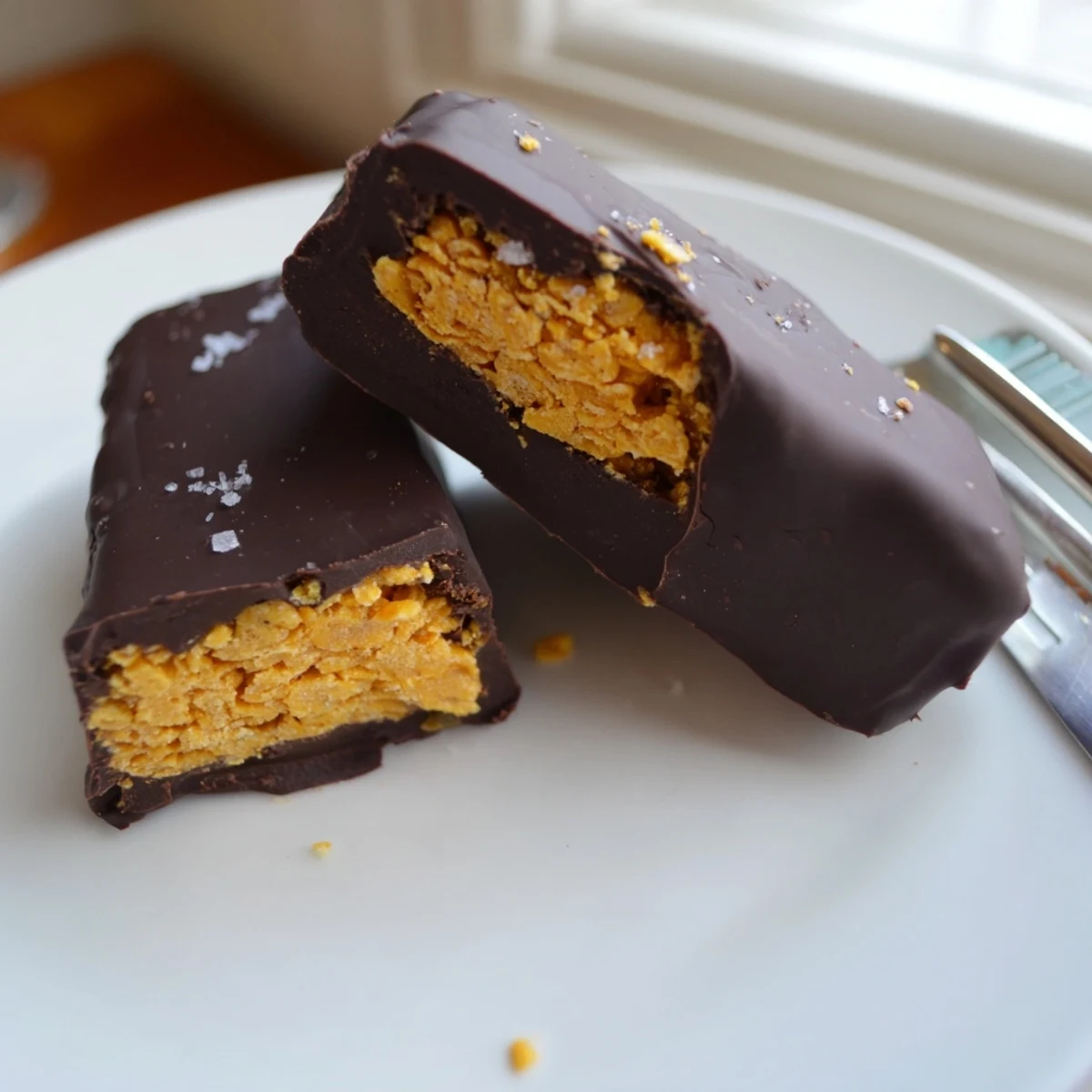 Healthy Homemade Butterfingers dipped in glossy dark chocolate on a rustic wooden cutting board