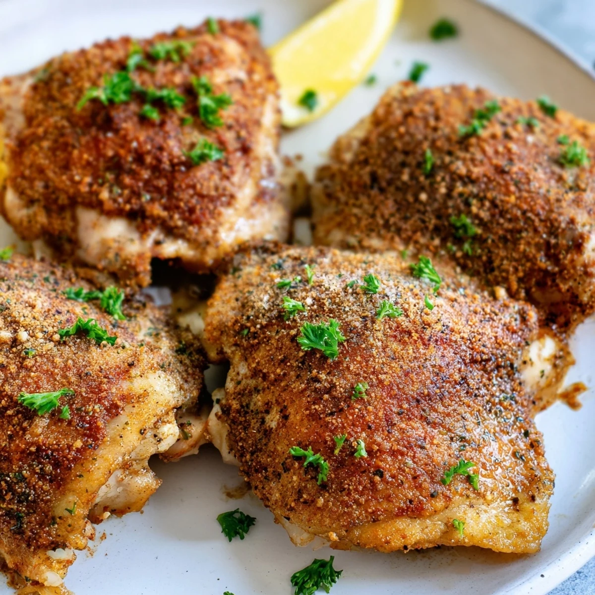 Golden crispy oven baked chicken thighs with smoky paprika crust on a parchment-lined baking sheet