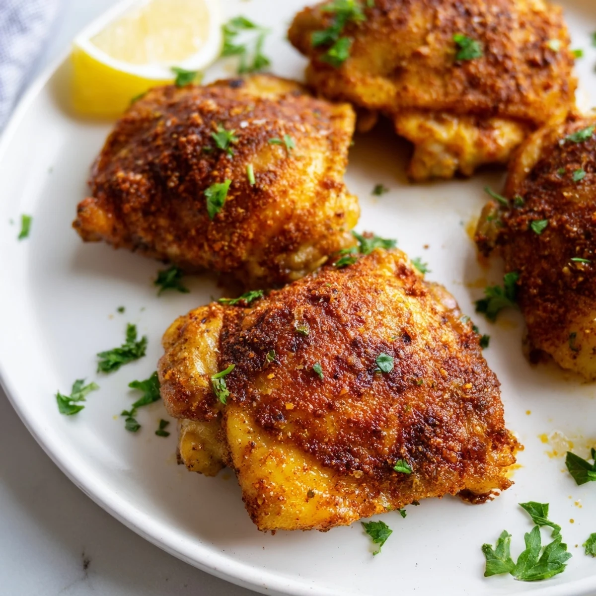 Juicy oven baked chicken thighs garnished with fresh parsley and bright lemon wedges