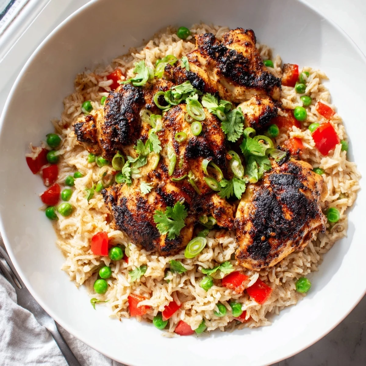 Close-up of spicy jerk chicken rice with tender seared thighs over fluffy seasoned grains