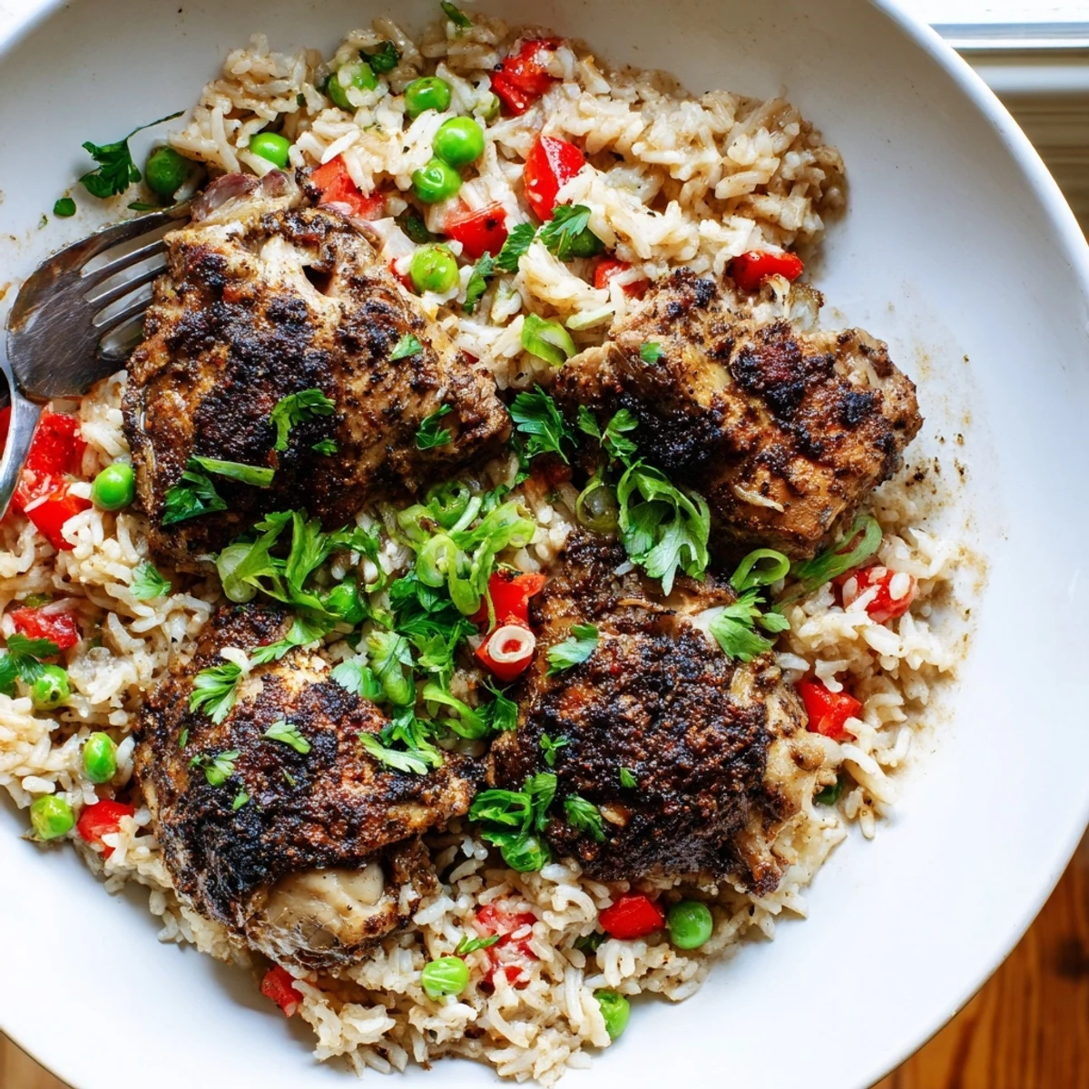 Golden jerk chicken thighs nestled in creamy coconut rice with fresh cilantro garnish