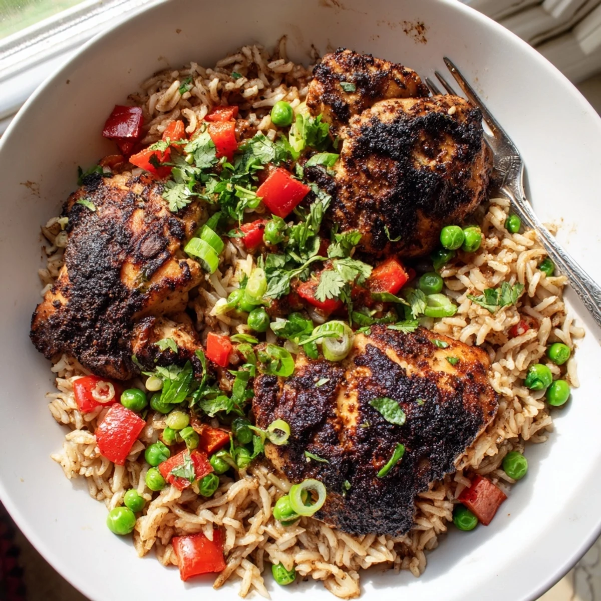 Spicy jerk chicken rice steaming in a skillet topped with spring onions and herbs