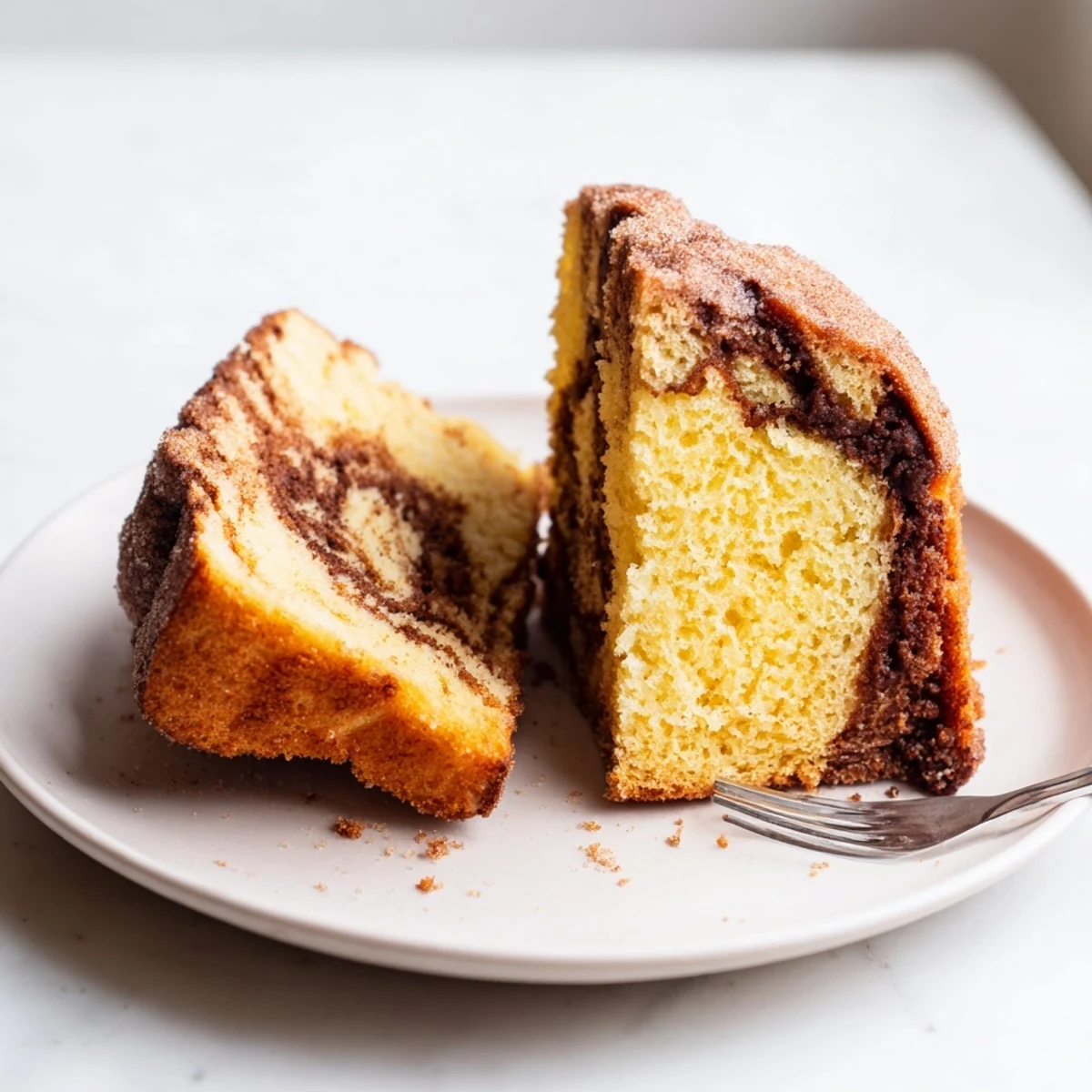 Warm cinnamon donut loaf sliced thick on a rustic wooden cutting board