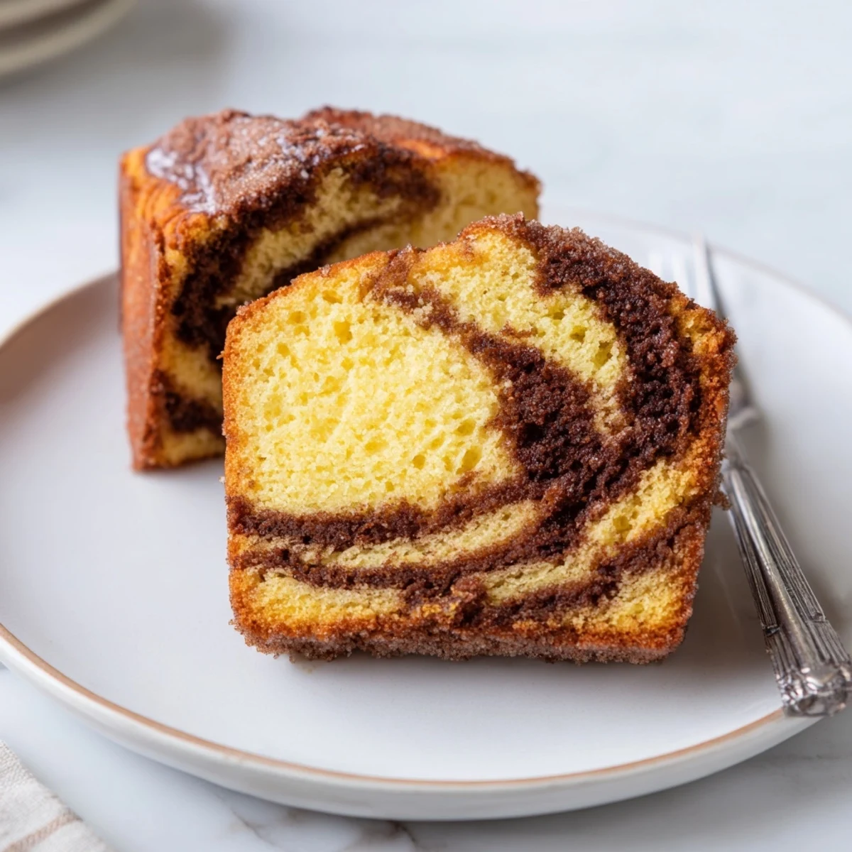 Golden cinnamon donut loaf topped with sparkling cinnamon sugar and melted butter