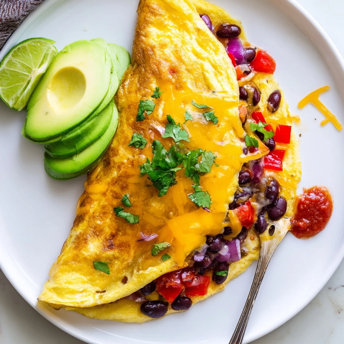 Golden Mexican omelette folded over melted cheese, beans, and fresh salsa