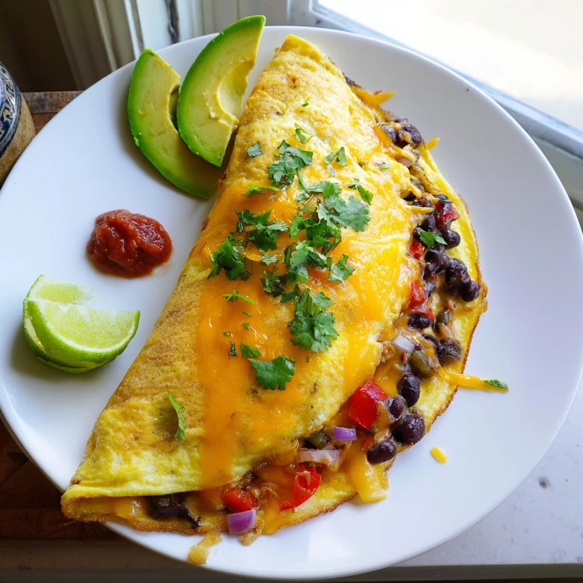 Fluffy Mexican omelette topped with creamy avocado slices and vibrant cilantro