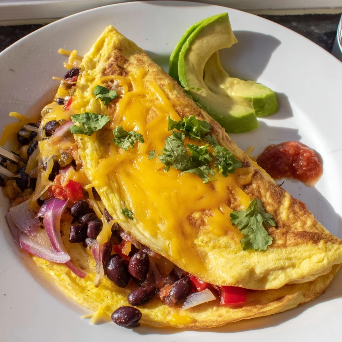 Spicy Mexican omelette filled with peppers, black beans, and gooey cheddar cheese