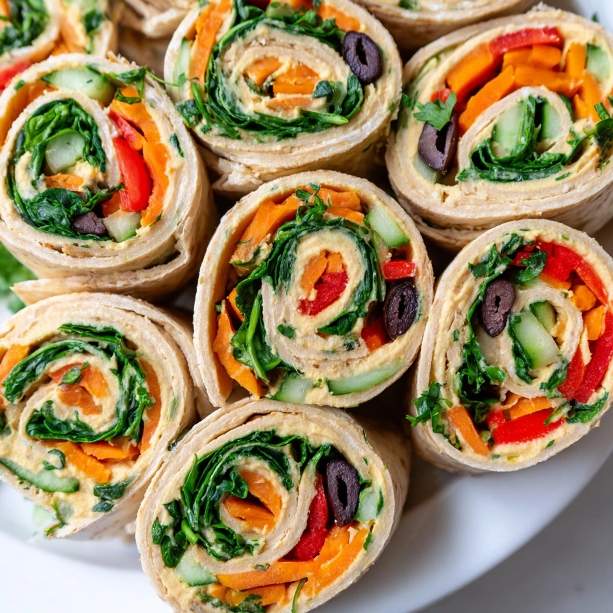 Colorful vegan picnic hummus veggie pinwheels sliced into bite-sized spirals on a platter