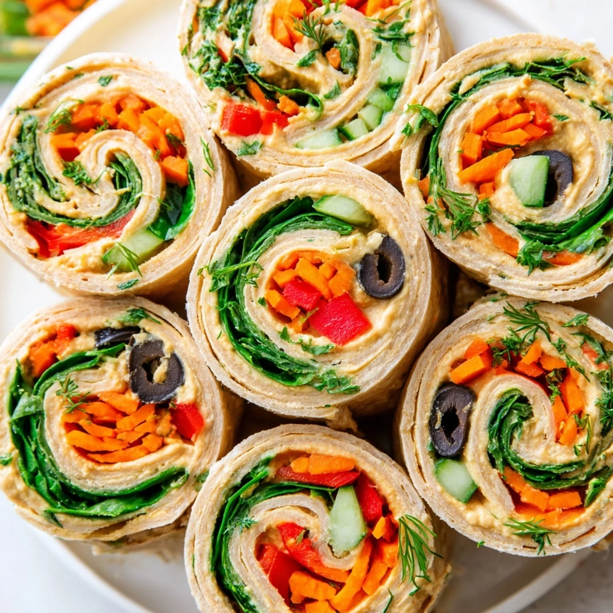 Creamy hummus and crisp vegetables rolled tightly inside soft tortilla pinwheels for picnics