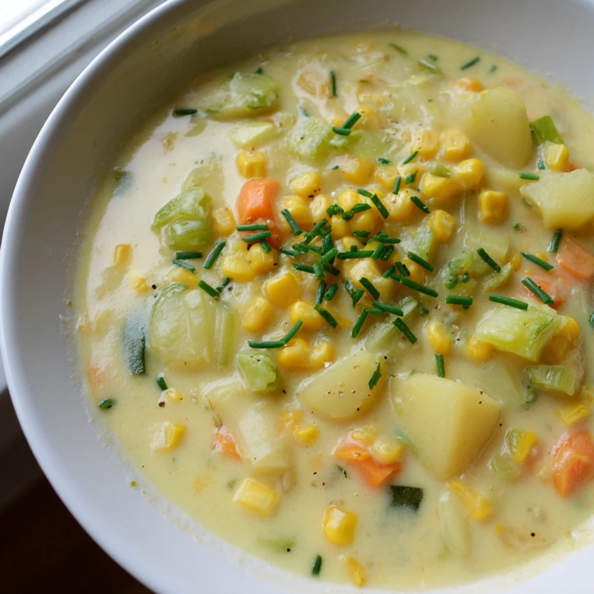 Creamy Summer Corn Zucchini Chowder served hot in a rustic bowl with fresh chives sprinkled on top