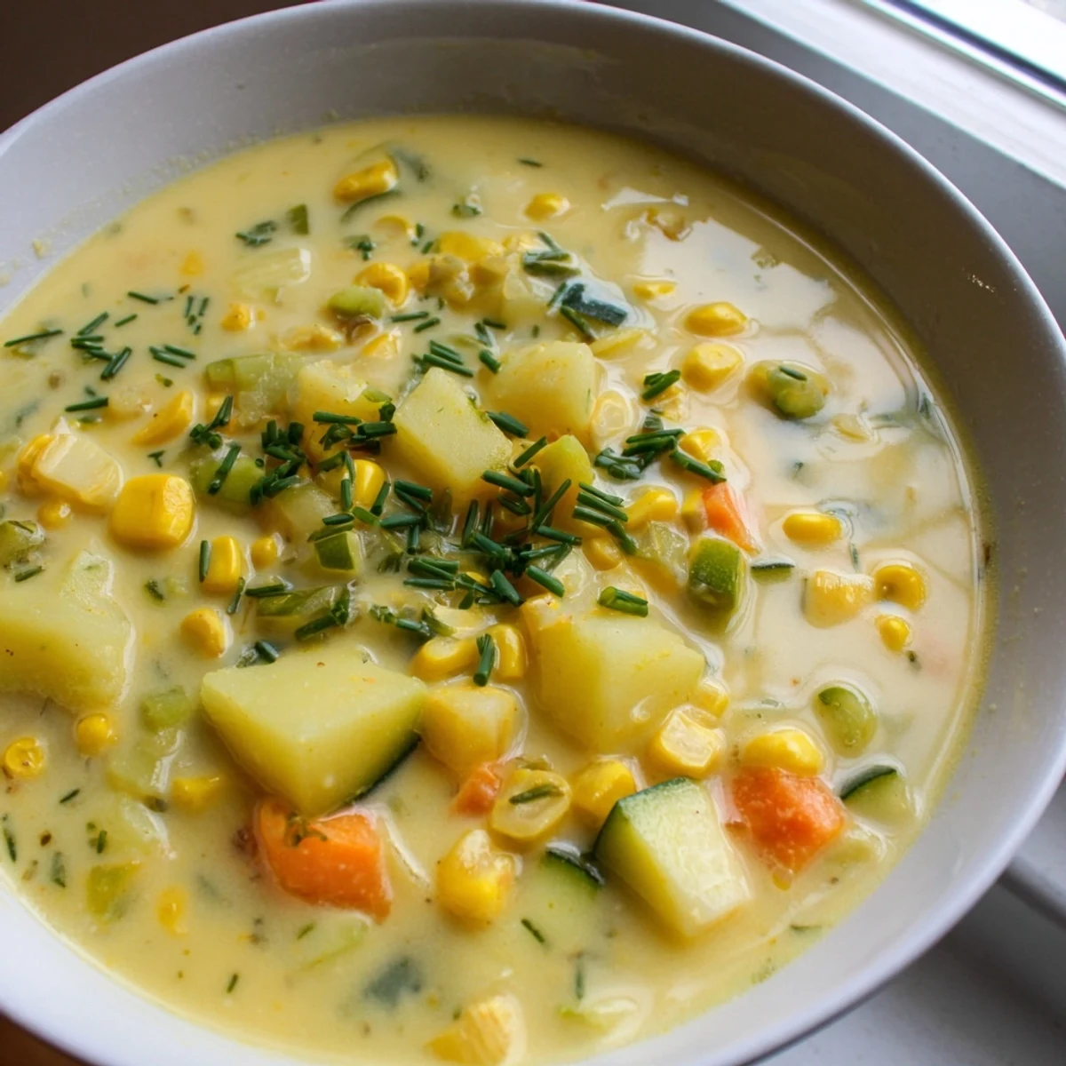 Golden spoonfuls of Summer Corn Zucchini Chowder loaded with tender potatoes and sweet corn kernels