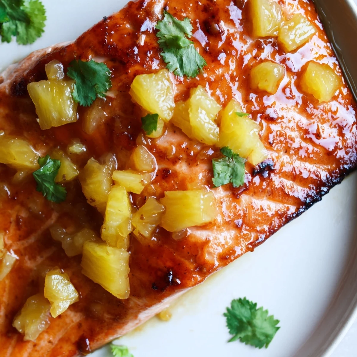 Golden honey pineapple glazed salmon fillet glistening with a sticky, caramelized sweet-tangy glaze
