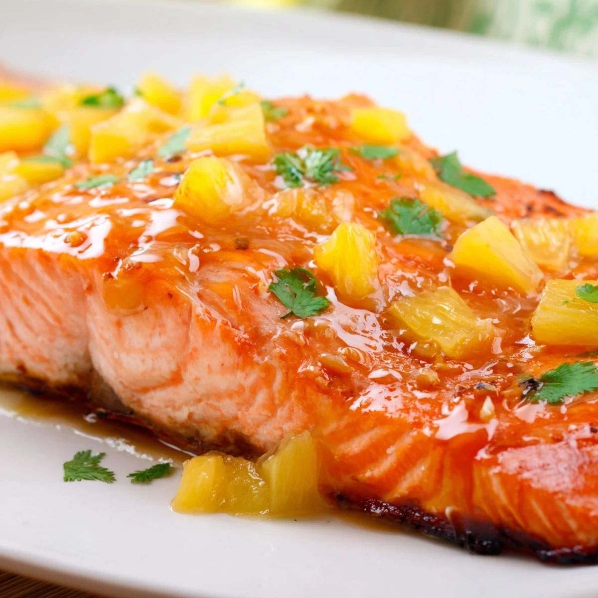 Savory honey pineapple glazed salmon plated over fluffy jasmine rice with fresh lime wedges