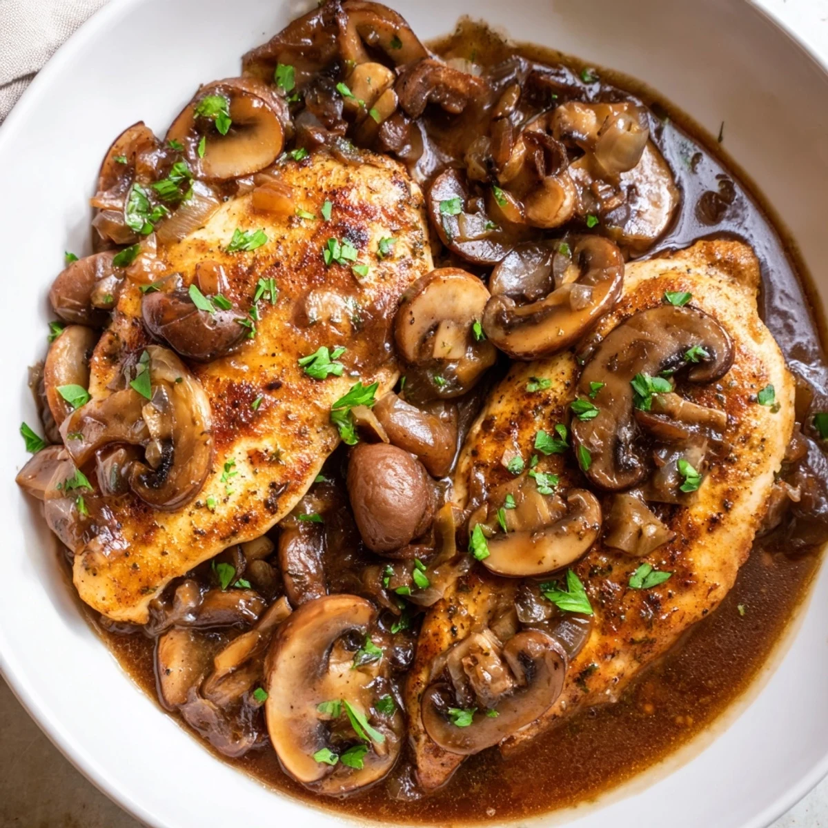 Golden pan-seared chicken breasts glazed in a rich, dairy-free mushroom Marsala sauce